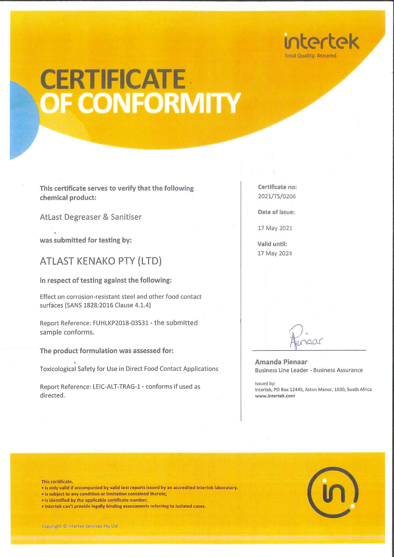 Intertek Certificate of Conformity โ AtLast Degreaser & Sanitiser