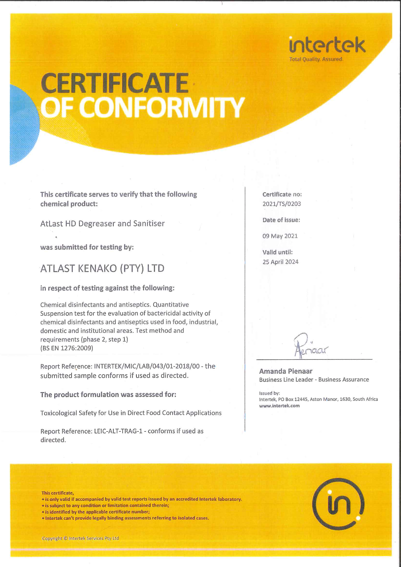 Intertek Certificate of Conformity โ AtLast HD Degreaser and Sanitiser
